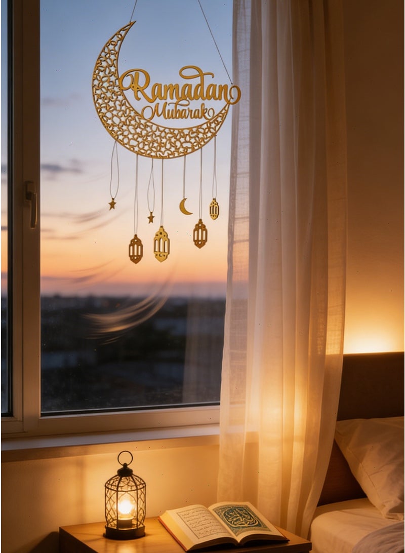 زينة رمضان، زينة رمضان الخشبية عيد مبارك - قلادات القلعة النجم والقمر، زينة معلقة احتفالية للمنزل هدية - Image 3